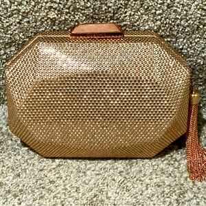 Olga Berg Tilly Hotfix Clutch with tassel in rose gold. NWOT